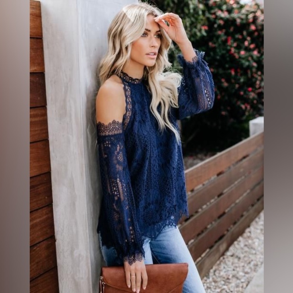 NWOT VICI Dolls Exposed Shoulders Going To The Chapel Lace Blouse BLUE